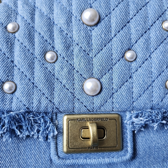 KARL LAGERFELD Agyness Quilted Pearl Chain Fringe Edge Denim Shoulder Bag - Picture 2 of 13